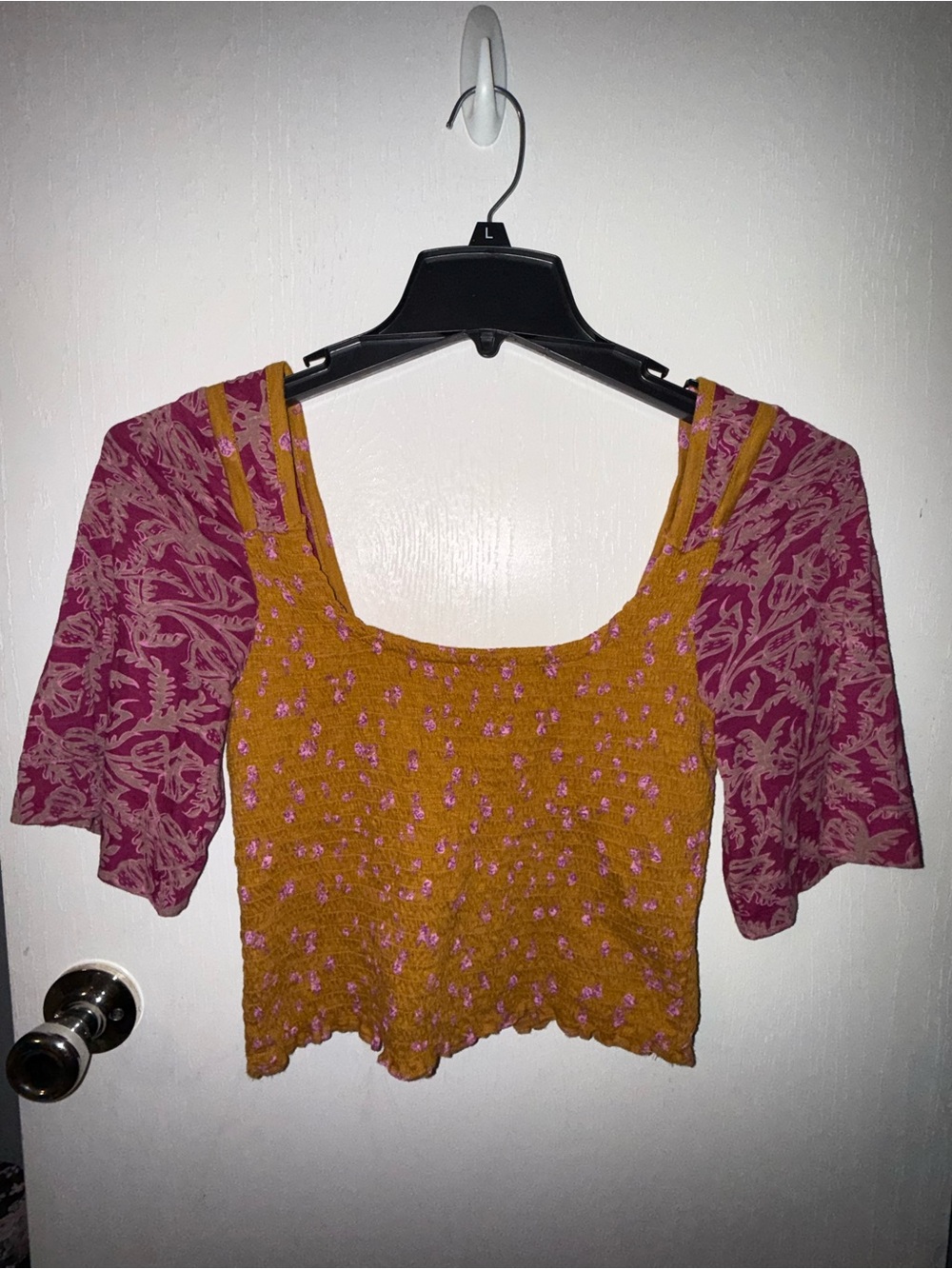 Free People Mustard Yellow Smocked Crop Top with Pink Patterned Sleeves